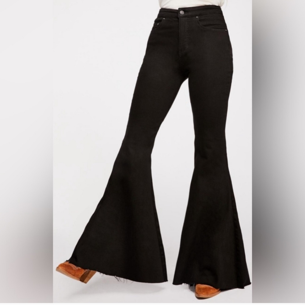 Free People Crvy Ultra High Waist Flare Black Jeans Boho Hippie Raw Hem Lace Up